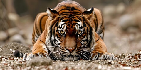 Stalking Tiger: Poised and Ready to Strike. Concept Wildlife Photography, Animal Behavior, Nature in Action