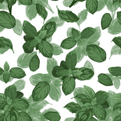 Basil leaves vector seamless pattern graphic design. Basil or linden foliage fabric print. Basil organic doodle leaves wrapping paper pattern.
