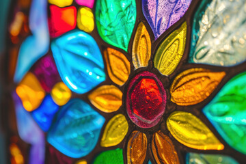 Close-up of a vibrant stained glass window, showcasing intricate patterns and a kaleidoscope of colors.