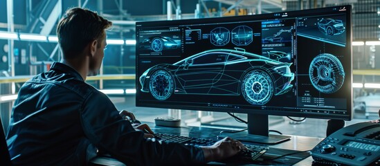 An engineer is fully engaged in developing a cuttingedge car at a modern tech center with stateoftheart features, emphasizing technological advancements and creativity in automotive design