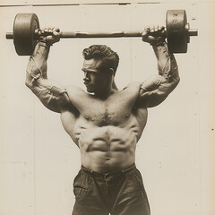 vintage black and white photo depict muscular men performing overhead barbell lifts, showcasing their physical strength and traditional bodybuilding attire in an old-fashioned gym.