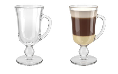 Set of glass irish coffee mugs. One transparent empty glass and one glass with latte. 3d illustration isolated on white