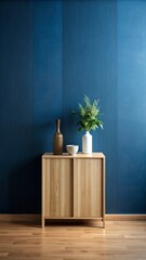 Minimalist interior background with a wood cabinet and flower vase on a wooden floor, with a dark blue wall as a mockup scene for design display presentation, in the style of 