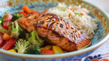 Asian-style glazed salmon fillet served with stir-fried vegetables and steamed jasmine rice in a...