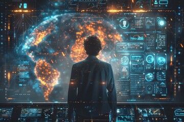Detailed image climate scientist analyzing carbon credit data on futuristic digital interfaces, Man stands before digital world map points. High-tech command center focusing on global data analysis.