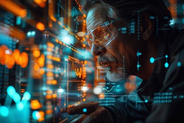 Fototapeta premium Climate scientist analyzing carbon credit data on futuristic digital interfaces, Man stands before digital world map points. High-tech command center focusing on global data analysis.