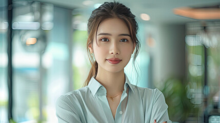 Obraz premium Happy woman in business, portrait of confident manager and startup office leader.Generative AI