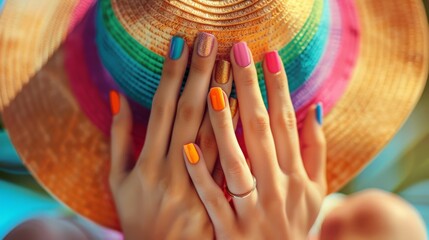Close-up of colorful nail polish, holding a beach towel and sun umbrella, summer vibes - Powered by Adobe