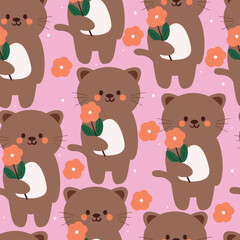 seamless pattern cartoon cat and flower. cute animal wallpaper for textile, gift wrap paper