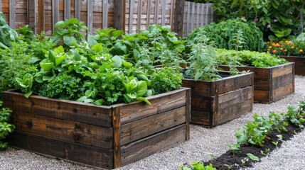 Vegetable Garden in Wooden Planter Boxes with Fresh Green Plants in the rooftop
