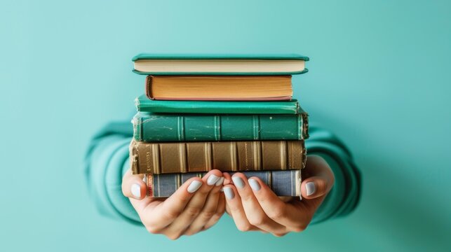 Hands Holding Stack of Books Against Turquoise Background
