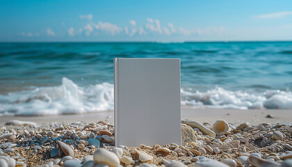 Empty book mockup on sandy beach generated.AI