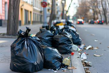 Photo of open black bags full of garbage lying on the streets of the city for removal for recycling