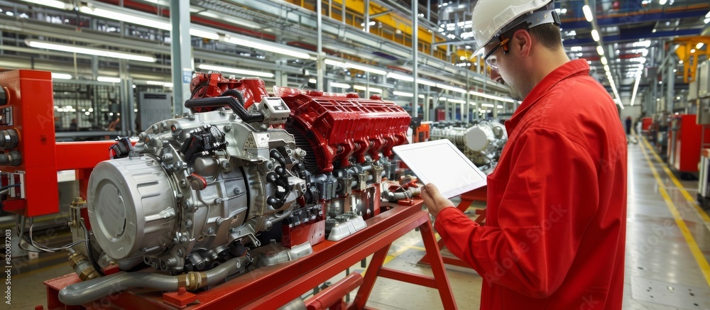 Poster an engineer at a manufacturing plant uses a digital tablet to check machines, focusing on safety and