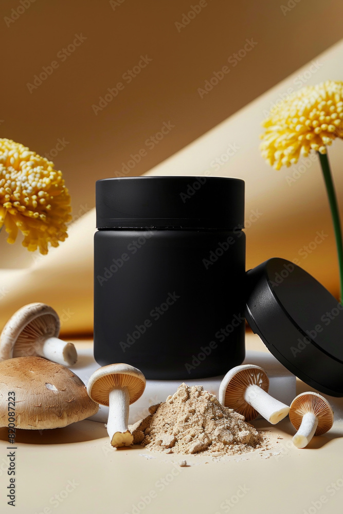 Wall mural a product shot of a mushroom supplement powder in a tub with a blank label - Wall murals