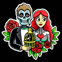 shirt sticker with a love couple's skeletal hands cradling a rose, adorned with vibrant red roses and green foliage, blending a macabre and romantic theme on a dark backdrop