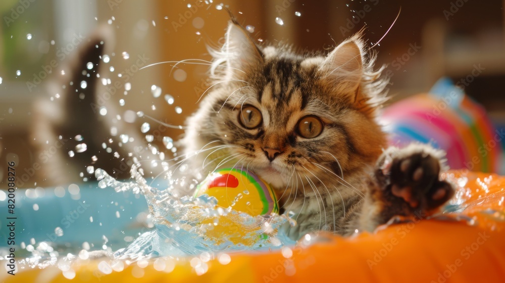 Leinwandbilder chubby cat playing with a floating toy in a kiddie pool, splashing water with its paws.
