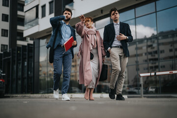 Fototapeta premium Three young professionals engaged in a strategic discussion while standing outside in a modern city area, embodying teamwork and collaboration.