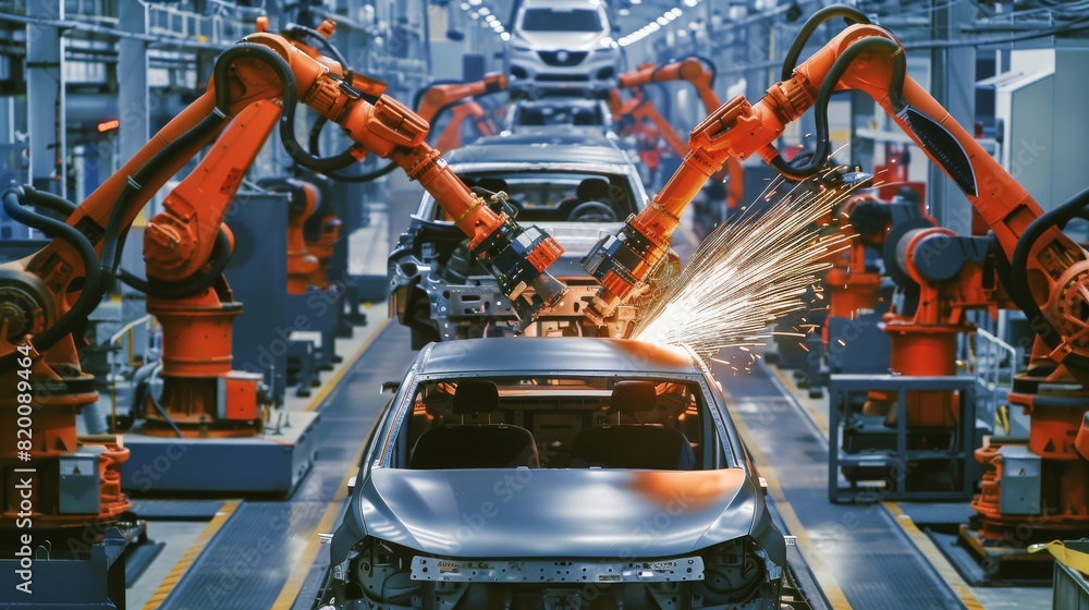 Aufkleber in a contemporary production line, advanced industrial robots are efficiently welding car frames, de