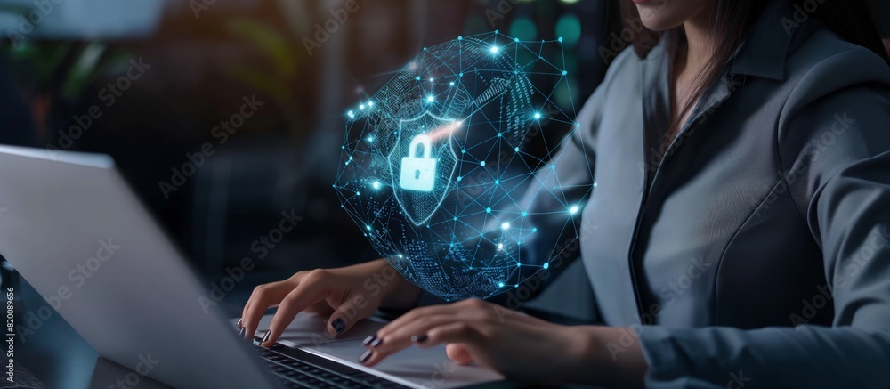 Aufkleber cybersecurity professional working on laptop with digital network and security icon in a modern offi