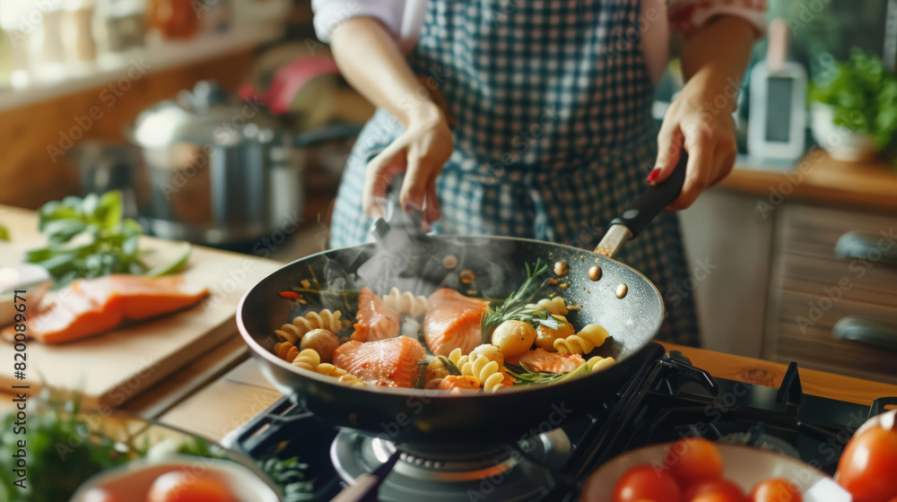 Wall mural Asian woman hand cooking healthy food pasta and salmon steak on cooking pan in the kitchen at home. Attractive girl preparing food for dinner party celebration meeting with friends on holiday vacation