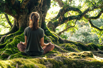Woman Meditating in Forest with Sunlight Filtering Through Trees