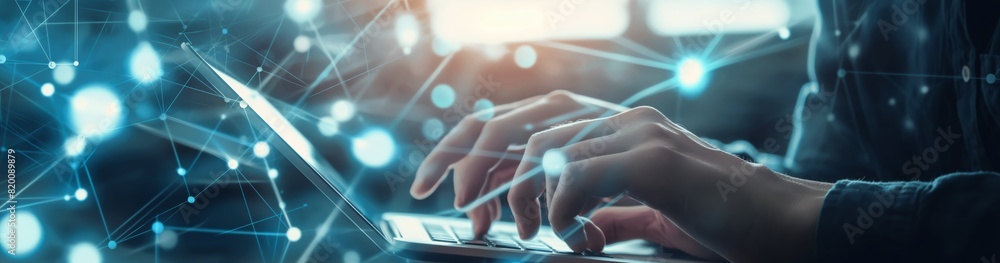 Poster An image shows hands typing on a laptop keyboard, highlighting remote work and connectivity in digital technology. It emphasizes the importance of staying connected in the modern world