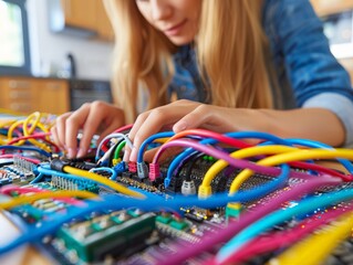 Close-up unplugging electrical devices save power, Close-up young woman working on colorful wiring system, hands and technology. Represents innovation, technical skills, modern electrical engineering.
