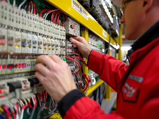 Naklejka premium Close-up unplugging electrical devices save power, Man in red jacket adjusting settings on industrial control panel, electrical engineering and precision, represents industrial work, expertise.