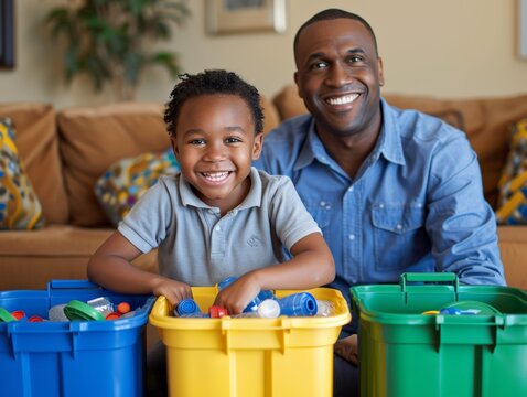 Child helping parents sort recyclable waste in kitchen, father son smiling while sorting recyclable materials into colorful bins in cozy living room, joyful expression recycling. - Powered by Adobe
