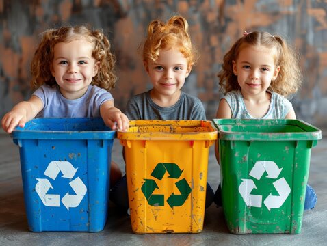 Child helping parents sort recyclable waste in kitchen, Three smiling toddlers sitting behind colorful recycling bins, learning about environmental responsibility, on early childhood education,
