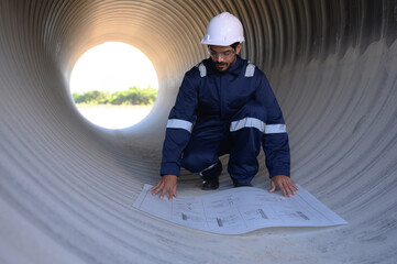 Smart engineer with safety suit holding walkie-talkie inspecting large power system pipeline.