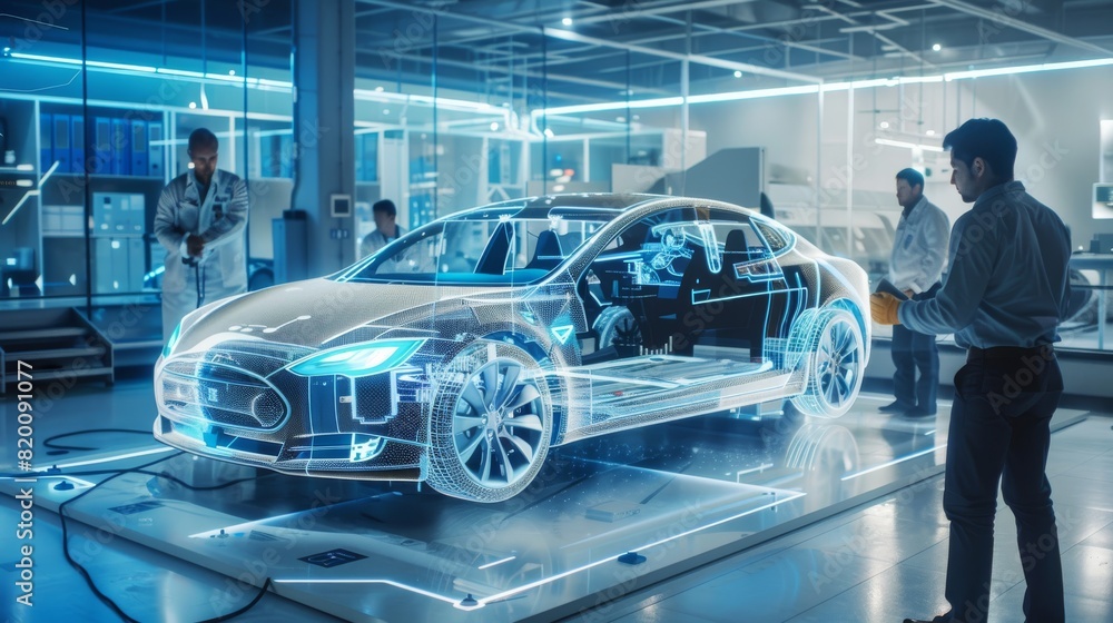 Poster Exploring the Future of Car Design in a stateoftheart HighTech Engineering Lab with holographic interface, advanced prototypes, and futuristic concepts for innovative automotive solutions