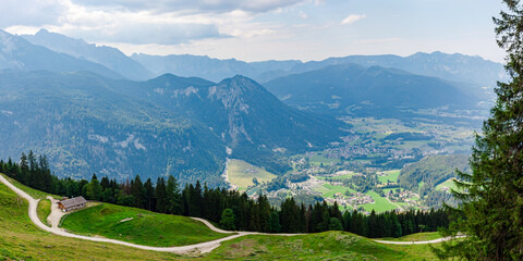 landscape in the mountains. view from Jenner Mountain to Schönau am Koenigssee. Berchtesgaden Alps, Schoenau am Koenigssee, Bavaria, Germany, Europe