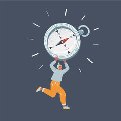 Cartoon vector illustration of Compass in Hand of running woman on dark background. © iracosma