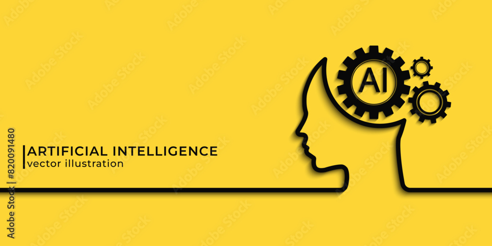 Poster human face with gears. Artificial intelligence technology concept design, Machine learning and generation by chip, AI chatbot service. Vector illustration for banner and web template.