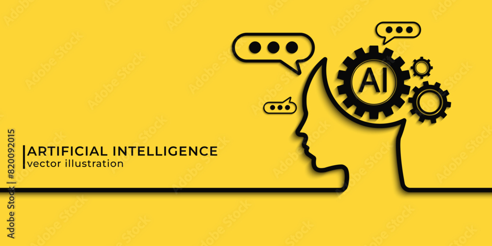 Poster Chatbot assistant application. Artificial intelligence technology concept design, Machine learning and generation by chip, AI chatbot service. Vector illustration for banner and web template.