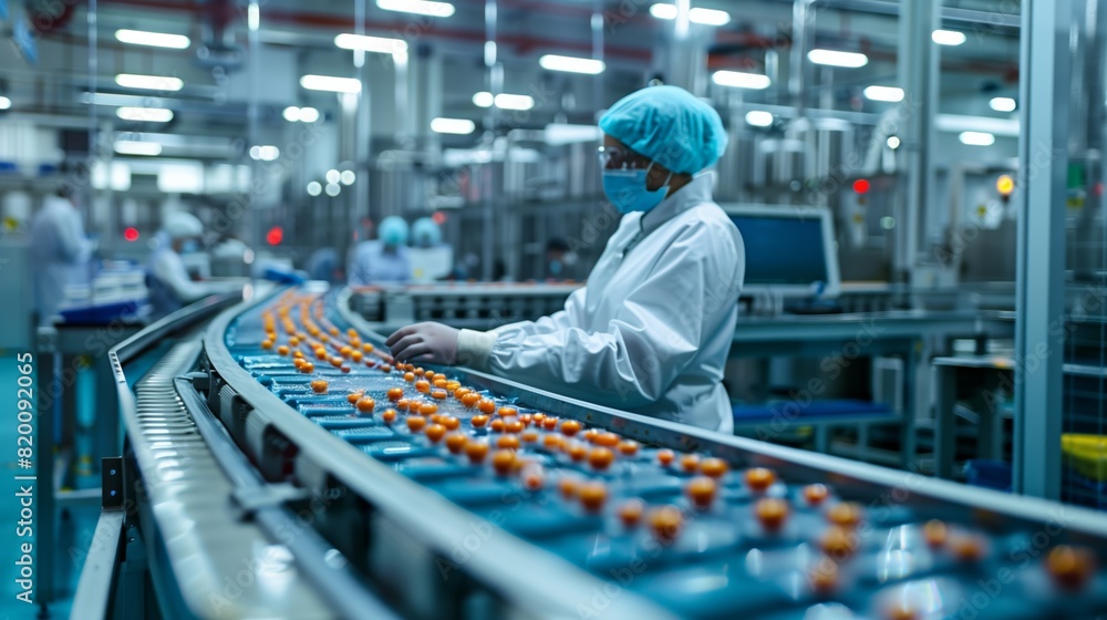 Poster workers in protective gear operate automated equipment in a modern pharmaceutical production line, e