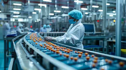 Obraz premium Workers in protective gear operate automated equipment in a modern pharmaceutical production line, ensuring safety and efficiency. The process involves precision and quality control