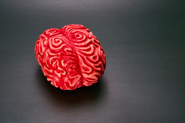 Top view of a red fake brain on a dark background.