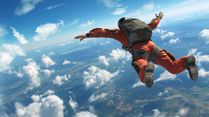 空を飛んでいる人と青空の風景