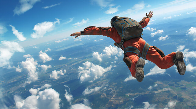 空を飛んでいる人と青空の風景