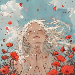 girl with flowers closed eyes with joy and awe