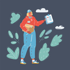 Cartoon vector illustration of Smiling young female postal delivery courier woman with cargo delivering package on dark.