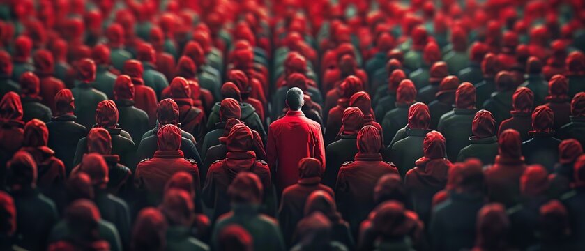 A sea of conformity met by one defiant leader, stark against the multitude in red