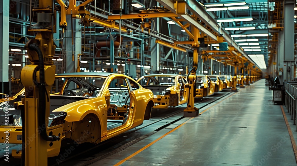 Poster The modern car manufacturing process at an automotive assembly line involves advanced technology, robotics, and automation at a factory. It showcases industrial innovation and precision in production