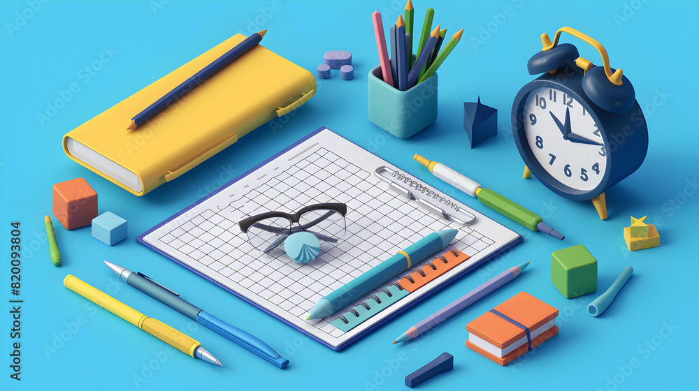 Poster effective time management concept: organized desk with planner and clock in cartoon style for workpl