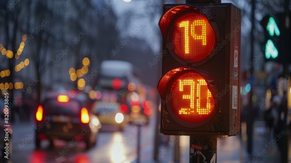 Fototapete close-up of a traffic light with a countdown timer for pedestrians, showing seconds left to cross.