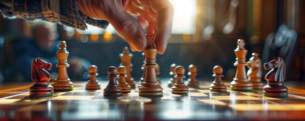 A person playing a game of chess on a chessboard, making a decisive move