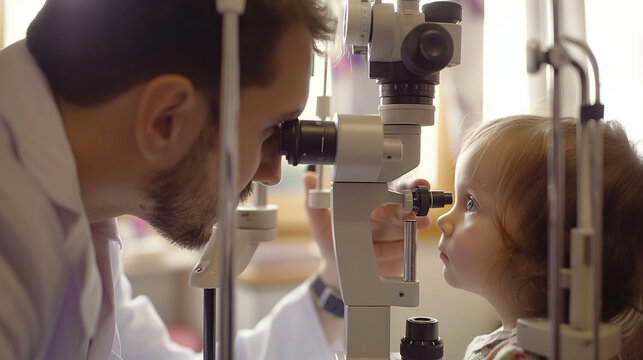 An optometrist conducting an eye exam on a young child, emphasizing early detection of vision issues. Dynamic and dramatic composition, with cope space